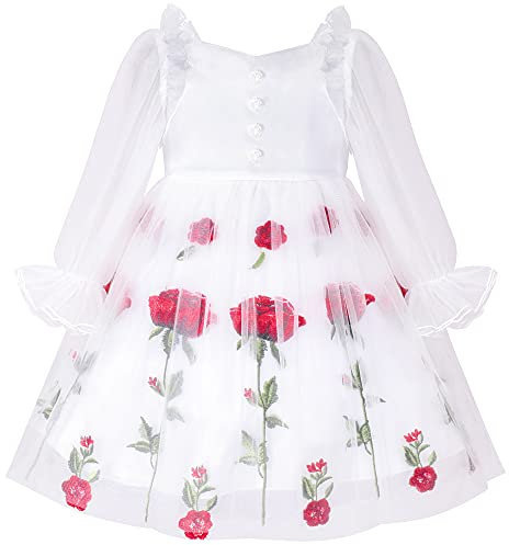 Sunny Fashion Robe Fille Fleuriste Habiller De mariée Blanc Manche Longue Rose Mariage Partie 10 Ans