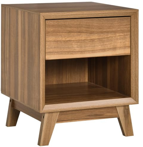 HOMCOM Table de Chevet Moderne, Table d'appoint avec tiroir et étagère, Marron Noyer