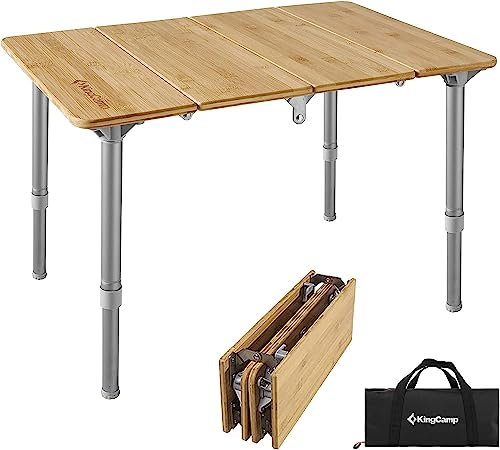KingCamp Klapptisch aus Bambus, leicht, Campingtisch mit verstellbaren höhenverstellbaren Aluminiumbeinen, 4-Fach faltbar, kompakt, klein, tragbar, Outdoor und Indoor, 1–2 Personen