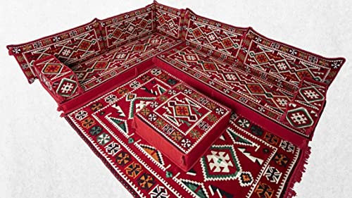Rotes Arabisches Ecksofa-Set, Bodensofa-Sitzgruppe, Orientalische Bodenbestuhlung, Bodenkissen, arabische Lounge, arabische Majlis, arabische Jalsa
