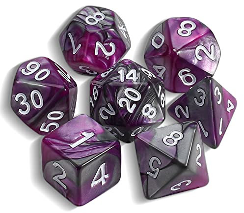 QMAY DND Dice Polyedrisches Würfel Set - 7 Stück für Dungeon und Dragons MTG RPG D&D D20, D12, D10, D%, D8, D6, D4 (Lila gemischtes Silber)