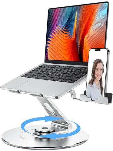 LOXP Laptop Stand with Phone Holder, Adjustable Laptop Stand with 360 Rotating Base, Aluminum Computer Mount Holder, Ergonomics Laptop Riser for Desk, Fits MacBook, up to 17.3 All Notebooks Silver