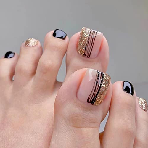 JUSTUSNX 24pcs Square Nude Pink French Fake Toenails Black White Line False Toenails Golden Glitter Press on Toenails for Women and Girls (B)