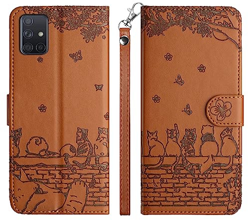 Aisenth Handyhülle für Samsung Galaxy A51 4G Klapphülle mit Kartenfächer | Katze mit Schmetterling Design,Standfunktion,Kartenfächer,PU Leder,3 Kartenfächer+Geldfach,Stoßfeste,Magnetische,Braun