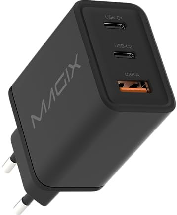 Magix Chargeur 3 Ports 65W, GaN PD Power Delivery, 2X USB-C et 1x USB-A, pour MacBook Pro, Dell XPS, iPhone série 15/14/13/12 etc, iPad et Autres (EUR Plug)