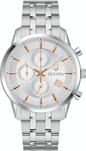 Bulova Sutton Chronograph Uhr für Herren in der Farbe Silber mit Armband aus Edelstahl, Wasserdichtigkeit: 3 bar, Gehäusedurchmesser: 41 mm, 96B411