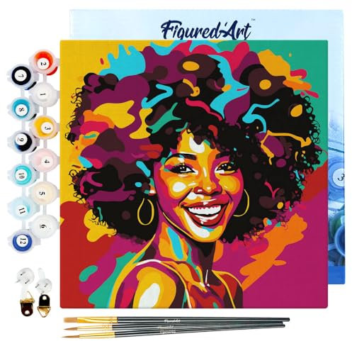 Figured'Art Mini Peinture par Numéro Adulte 20x20cm avec cadre Femme Afro Pop Art - Petit Format Kit de Loisir Créatif DIY Numéro d'Art Complet