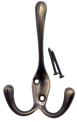 Aretro Antique Brass Effect Heavy Duty Three Prong Triple Back of Door Wall Hat Coat Robe Hanger Hook with Screws