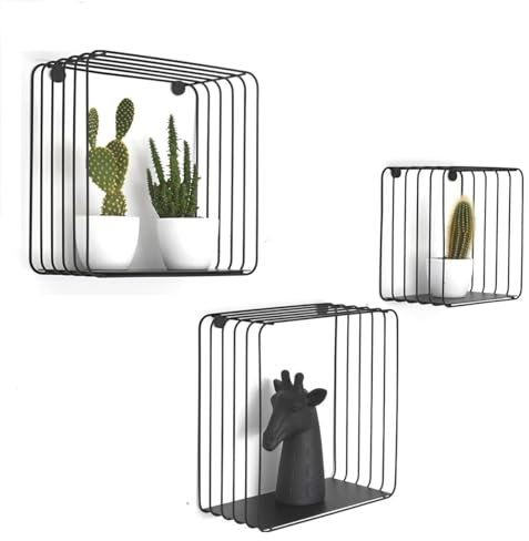 Galeara design Wandregal Metall Schwarz oder Weiß mit Bambusholz CAVOO- 3 Stück Set - Leicht zu Hängen,- Deko Wandregal Schwarz - Kleines Wandregal (Schwarz Metall)