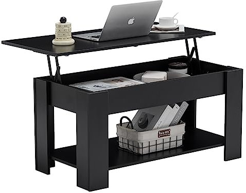 CLIPOP Höhenverstellbarer Couchtisch Platte Holz Kaffeetisch Wohnzimmertisch mit Offener und Versteckter Stauraum Ausziehbarer Beistelltisch Sofatisch,100 x 50 x (43-55) cm (Schwarz)
