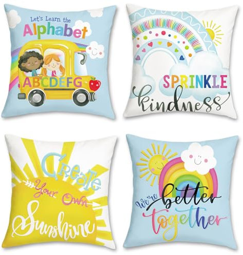 Bonhause Kids Cushion Covers 45 x 45 cm Rainbow Sun Inspirational Quotes Decorative Throw Pillow Covers Classroom Pillowcases for Children Reading Corner Nursery Room Decor Set of 4