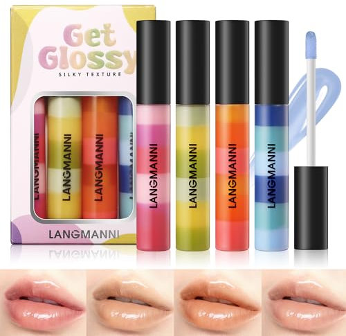 4PCS Tinted Lip Oil Light Lip Gloss Set, Moisturizing Jelly Lip Gloss, Long Lasting Glossy Liquid Lipsticks for Girls and Women (Set C)