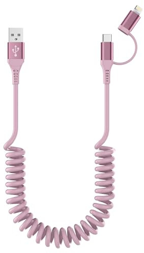 Cable USB C y Lightning 2en1 en Espiral para iPhone 15[MFi y 3A y Datos] USB A a USB C Lightning Carplay y Android Auto Cable de carga corto para iPhone 15/14/13/12/11/Android/Huawei/Galaxy Rosa