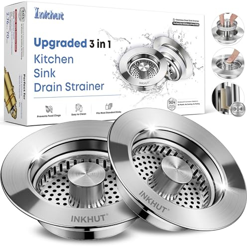 Upgraded 3 in 1 Kitchen Sink Drain Strainer - Stainless Steel Sink Stopper, Anti-Clogging Sink Food Catcher Basket, Fast Drainage Odor Filter Sink Plug for US Standard 3 1/2 inch Drain (Silver-2Pack)