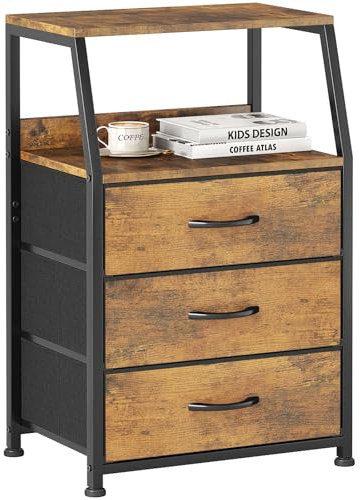 CAIYUN Kommode, Nachttisch, Beistelltisch, Nachtschrank mit 3 Schubladen, Nachtkommode, Kommode für Schlafzimmer, Schrank, Aufbewahrungsschrank Leicht Montierbar, Stabiles (Rustikal Braun, 3-Lagen)