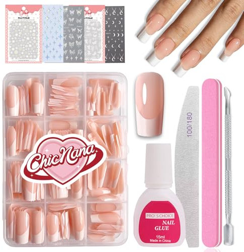 French False Nails Kit, 240Pcs Press On Nails Nude Base, False Nails With Glue Acrylic Fake Nails 12 Sizes Stick On Nails French White Tip Gift for Girls (Long Square- Nude)