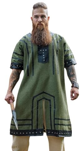Leonardo Carbone® Wikinger Tunika Rollo - Mittelalter Hemd Herren, Freizeithemden Kurzarm, Karneval Kostüm Herren, Wikinger Tunika, LARP-Kleidung - 100% Baumwolle mit Leder Applikationen