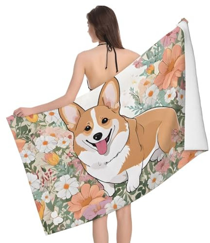 UENFFKDAP Corgi Mikrofaser-Handtuch mit Blumenmuster, saugfähig, weich und saugfähig, verwendet in Badezimmern, Stränden und Schwimmbädern.