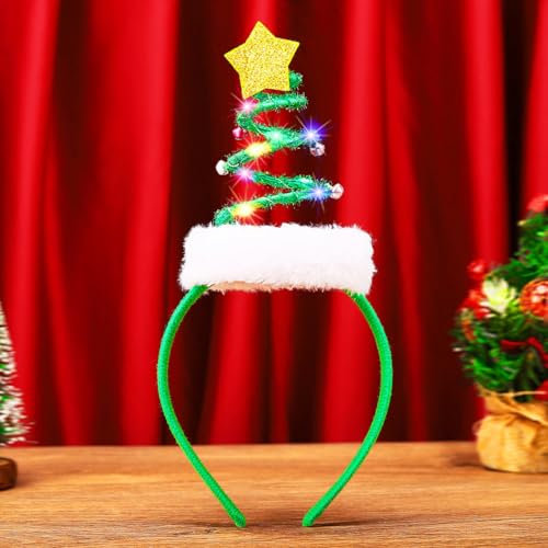 Handcess Bandeau Lumineux de Noël avec Sapin et LED Serre-Tête - Étoile Brillante Accessoires pour Cheveux pour Femmes (Vert, Taille Unique)