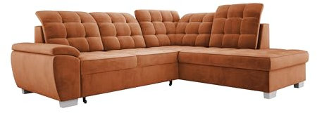 Modernes Ecksofa LOTTA, Mit Komfortabler Liegefläche 186x125cm, Relaxfunktion Und Pflegeleichtem Veloursstoff Für Unerwartete Gäste, 258x212cm, Anordnung auf der Rechten Seite, Farbe: ORANGE