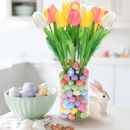 Joyesplay Osterdeko 15 Stück künstliche Tulpen mit 200 Ostereier als Vasenfüller,Tulpen Künstlich Wie Echt,Künstliche Blumen Fake Tulpen für Frühlingsdeko Party Ostern Deko