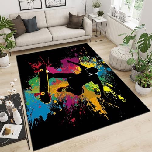 Teppich Skateboarder Farbe Muster, Teppiche Schwarz bedrucktes Dekorationen für Studien Nacht Wohnzimmer Schlafzimmer, Teppich 140 x 200 cm Schall dämmung rutschfest