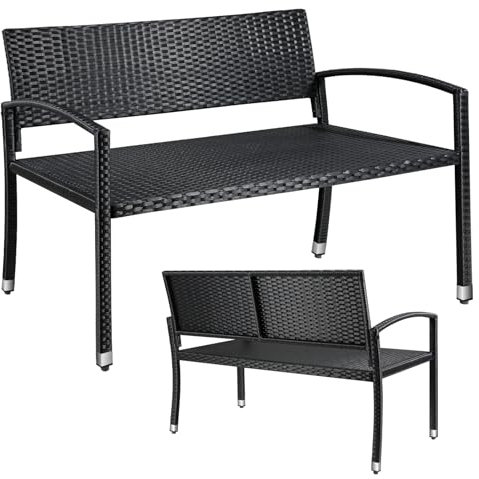 Gartenbank Rattan, Polyrattan Sitzbank Wetterfest, 2 Sitzer Gartenbank, Balkon Bank, 320kg Belastbar, 122x60x85cm, Gemütliche Gartenmöbel Bank, Parkbank, Einseitiges Rattan, Sitzbank Outdoor, Schwarz