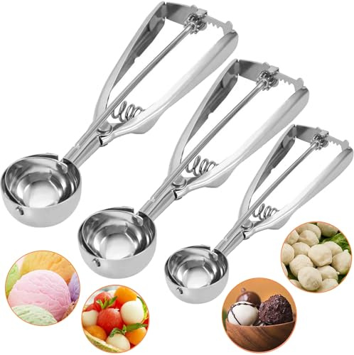 3Pcs Poliert Edelstahl Eisportionierer mit Auslöser, Verschiedenen Größen Eiskugelportionierer, Komfortablem Griff Eislöffel für Backen Lebensmitteln, Kartoffelpüree, Melonenball,Plätzchen,Obst,Muffin