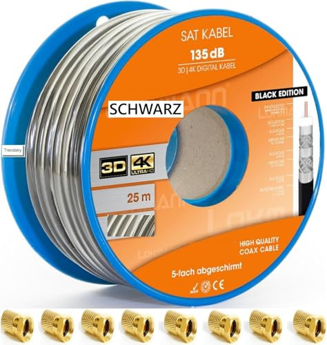 TRENDSKY Cavo coassiale da 25 m, 135 dB, cavo coassiale satellitare a 5 prese, in acciaio e rame, cavo antenna 4K, 8 K, 10 connettori F