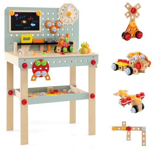 Maxmass Wooden Kids Workbench, Toddler Tool Bench with Rich Tools & Parts, Chalkboard, Storage Shelf, Educational Construction Tools Set Pretend Play Tool Workshop for 3+ Years Old