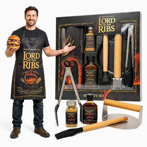 Topline Lord of the Ribs BBQ Gift Set – BBQ Grill Tools, Rub & Sauce Set with Apron – Barbeque Accessories for BBQ Lovers – Great Fathers Day, Birthday Gifts for Men, Dad Gifts