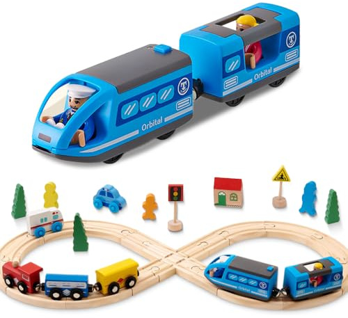 SKIKHN Holzeisenbahn Set für Kinder, 35 Stück Holzeisenbahn Schienen und Zugspielzeug, Modelleisenbahn-Set, Holz Eisenbahn Kinder mit Verkehrsschilder, Ampeln, Bäume usw. Geschenk für ab 3+ Jahren