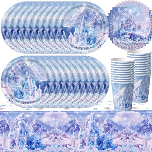 61Pcs Purple Castle Ice and Snow Party Tableware Set, Freeze Castle Theme, Children's Birthday Party Decoration, Ice and Snow Plates, Tissue Papers, Paper Cups, Tablecloths (20 Guests)