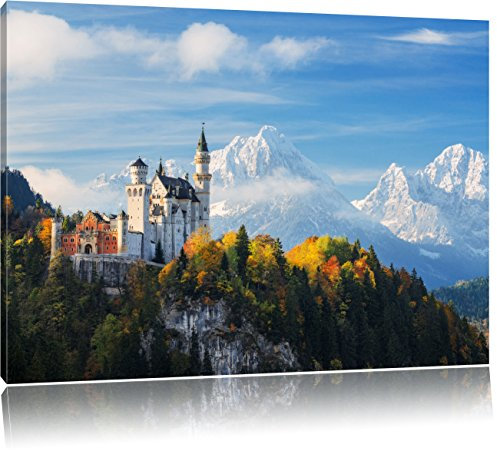 Pixxprint Schloss Neuschwanstein Herbst, Größe: 80x60cm, Leinwandbild, fertig gespannt, Wandbild, Dekoration, Kunstdruck, kein Poster