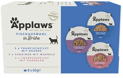 Applaws natürliches Katzennassfutter, Fischauswahl in Brühe 60g Töpfe (60g x 32 Töpfe)