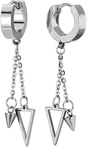 Paar Edelstahl Huggie Ohr Manschette Ohrringe mit Lange Kette Baumelnde Kegel und Hohl Dreieck Creolen für Herren Damen