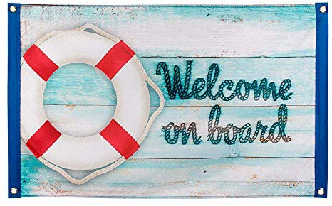 Boland 44382 - Dekorationsfahne Welcome on Board, Größe 60 x 90 cm, Rettungsring, Willkommen an Bord, Maritim, Navy, Flagge, Polyester, Banner, Wanddekoration, Mottoparty, Schiffstaufe
