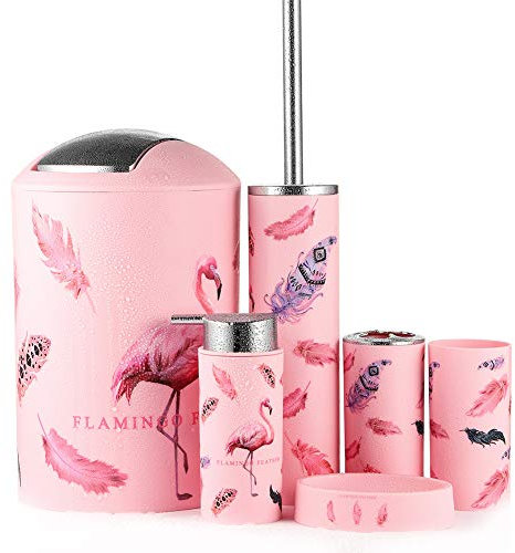 JOTOM 6tlg BADSET Badezimmer ZUBEHÖR Set SEIFENSPENDER Halter WC BÜRSTE BADGARNITUR Mülleimer (Flamingo)