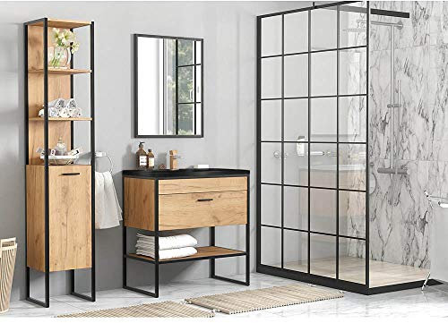 Lomadox Badmöbel Waschplatz Set im Industrial Design, Eiche mit schwarz, Keramik-Waschtisch