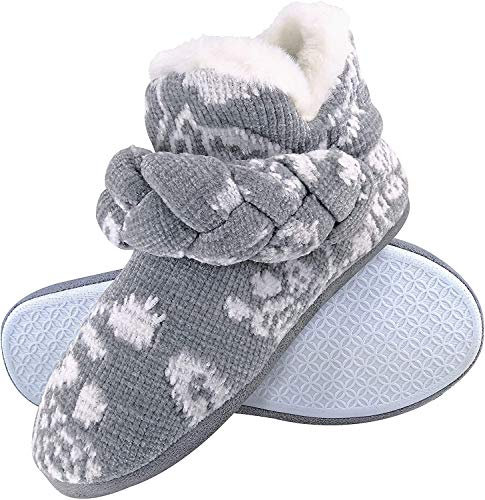 DUNLOP - Ladies Knitted Warm Fleece Plush Slippers Booties in Grey Fairisle and Pink Cord Styles (Grey, 7, UK Footwear Size System, Adult, Women, Numeric, Medium, 7)