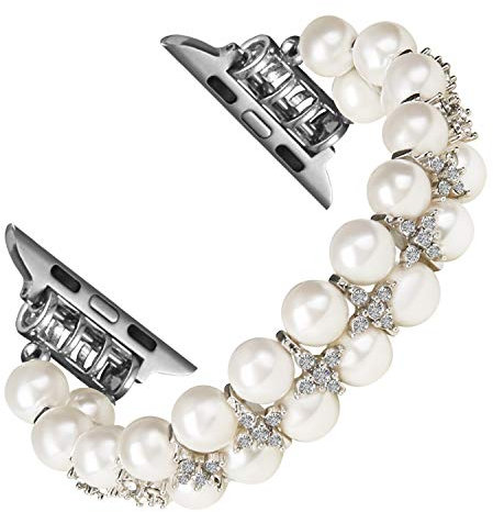 GEMEK Perla Bracciale Compatibile con Apple Watch Band 42/44/45/49mm iWatch Serie 9/8/7/6/5/4/3/2/1, Artificiale Elastico Stretch Bling Diamante Gioielli Cinturino di sostituzione per le (Bianco puro)