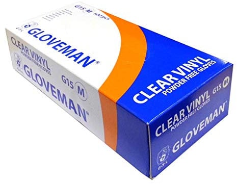 1 Box of Gloveman Clear Vinyl Powder Free Gloves - Sizes Extra Small to Extra Large (Large)