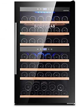 BODEGA43-66 Weinkühlschrank Freistehend - Weinkühlschrank 2 Zonen, 195 Liter, 66 Flaschen, 7 Regaleinschübe, Vollglastür mit UV-Filter, Geräuscharm (41 dB) und sehr vibrationsarm