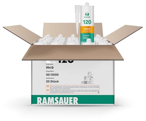 RAMSAUER 120 Neutral (Weiß) - 20 Stück im Karton, Silikon Dichtstoff zur Versiegelung von Einscheiben-, VSG-, & Isoliergläsern, haftet auf Holz, Glas, Metall, witterungsbeständig, elastisch