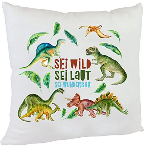 Kilala Kissen Schulkind T-Rex Spruch Sei wild Sei frech Kuschelkissen Dino Junge Mädchen 40 x 40 cm (Spruch Sei wild)