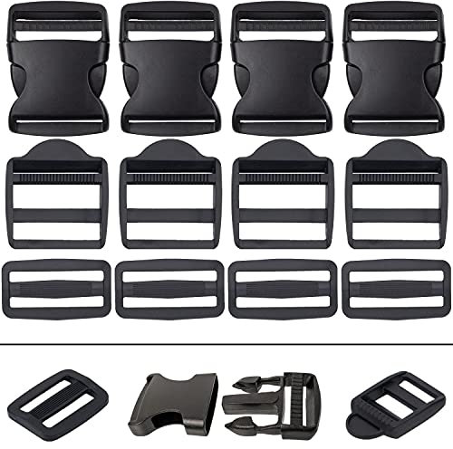 Steckschnalle, Stegschnalle und Leiterschnalle Set, 12 Pack, für 38 mm breite Gurtbänder, je 4 x 38 mm Schnalle, in Schwarz, Gürtelschnalle mit doppelseitigem Klickverschluss, Klemmschnalle Gurt Band