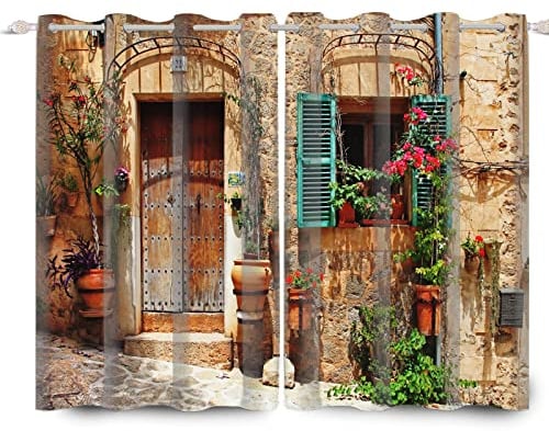 SDOTPMT 107x160cm Italien Stadt Altes Haus Fenstervorhang Mittelalterlich Europäisch Vorhänge Historisch Ziegelwand Blumen Topf Blickdichte Vorhänge für Wohnzimmer Verdunkelung Vorhänge, 2 Stücke