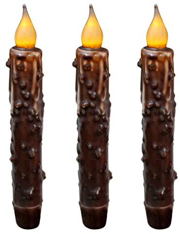CVHOMEDECO. Real Wax Hand Dipped Battery Operated LED Timer Taper Candles Country Primitive Flameless Lights Décor, 6.75 Inch, Brown, 3 PCS in a Package