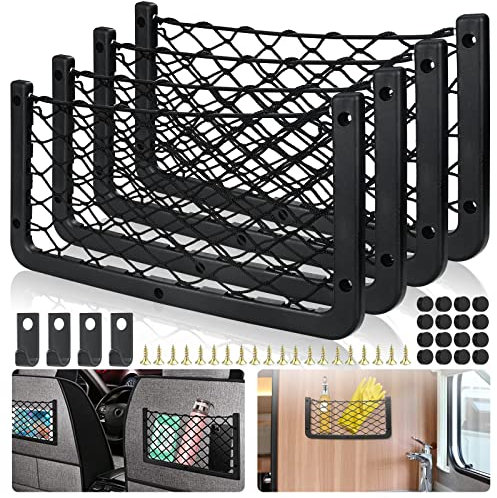 4 Stück Gepäcknetz, 36x18cm, Kofferraum Netztasche Auto Aufbewahrungsnetzm mit 6 Haken & 30 Schraube, Universal Auto Ablagenetz für Wohnmobil/Boote/LKW/Wohnwagen/SUV