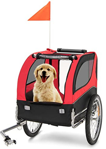 COSTWAY Rimorchio Bici per Animali, Carrello per Bicicletta per Cani di Piccola e Media taglia con Ruote da 50cm e Tettuccio Apribile, Portata 40 kg, 60,5 x 135 x 95 cm (Rosso)